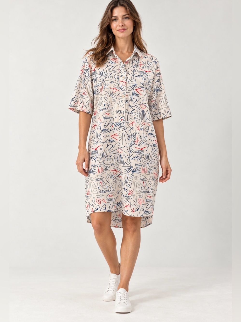Lacoste Women’s Abstract Print Shirt Dress Size 38 Hi-Low Hem